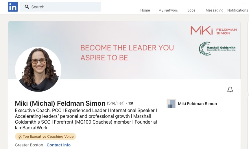 Image of Miki Feldman Simon's LinkedIn page with the Top Voice in Executive Coaching badge.